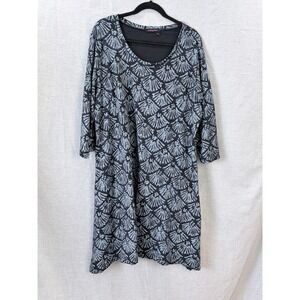 Fresh Produce Navy Fan Print Swing Dress 3/4 Sleeve V-Neck Cotton Plus Size 2X